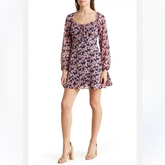 Lush Ditsy Floral Print Tie Front Puff Long Sleeve Minidress Blue Pink NEW Sz M - Picture 2 of 15